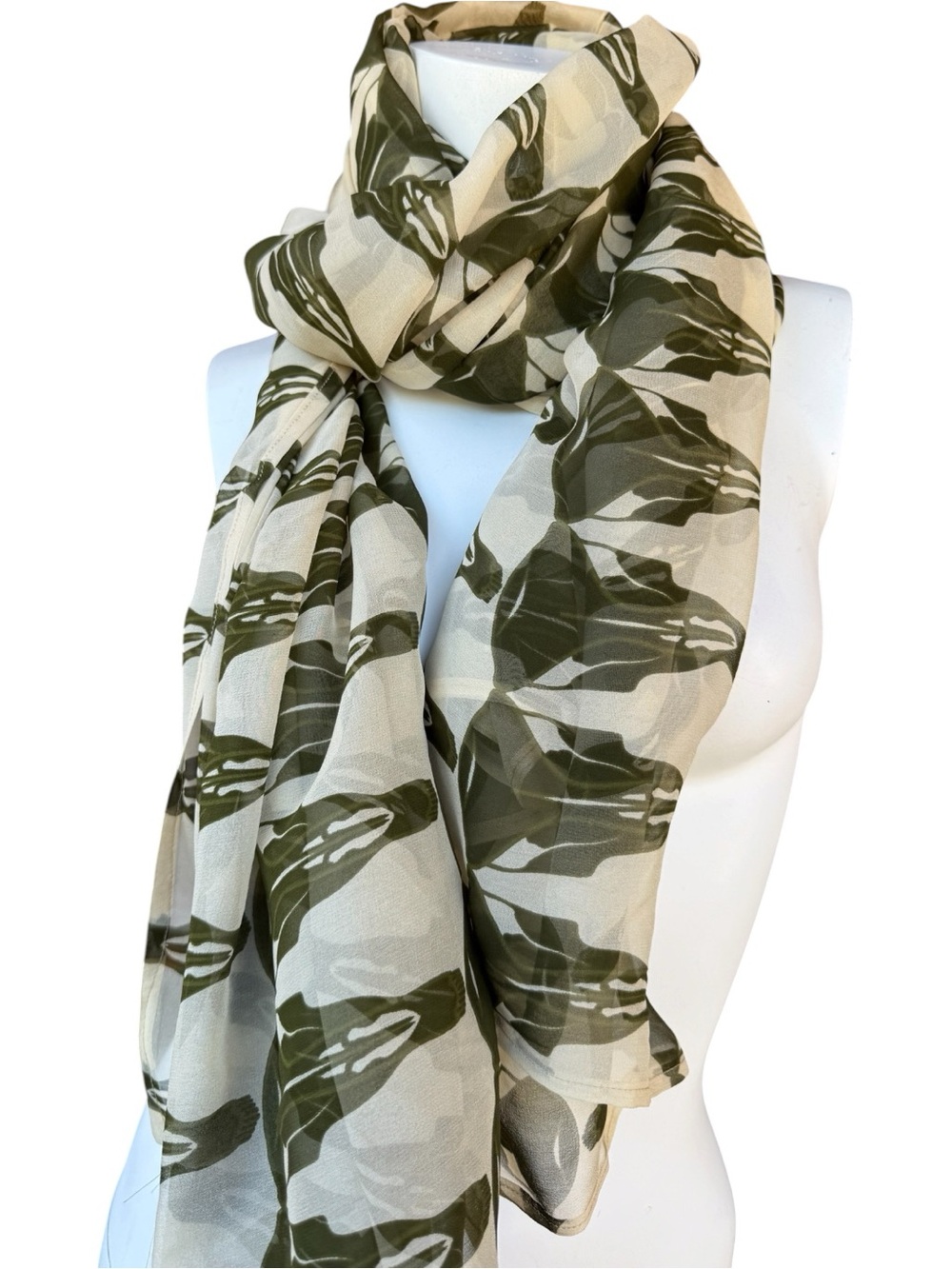 Olive green and beige steerhead skull silk voile Scarf, sarong, cover up